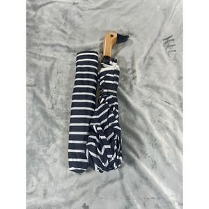 Kate Spade New York Black and White Stripe Wooden Duck Head Handle Umbrella